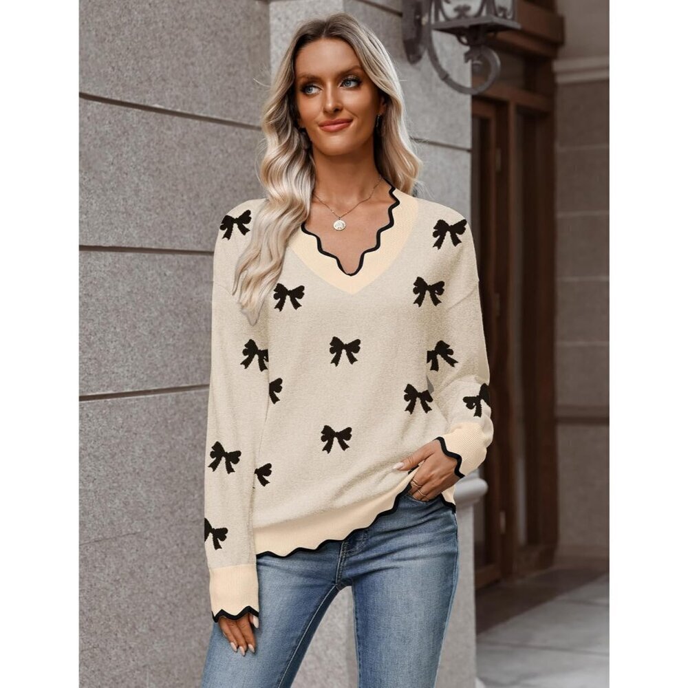 Women’s V Neck Sweater 2025 Fall Long Sleeve Ribbed Knit Casual Pullover Tops - Picture 5 of 6